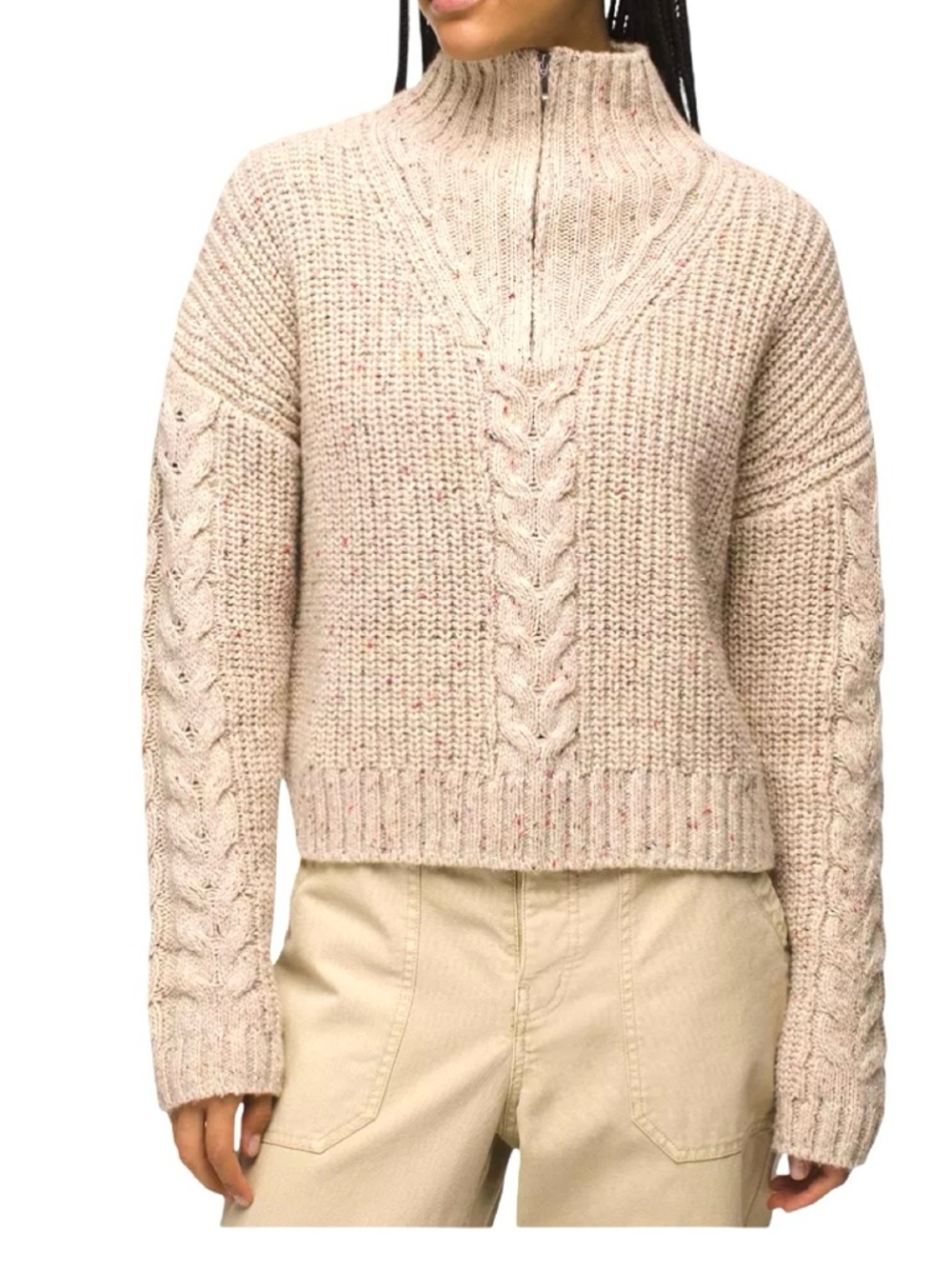 prAna Women's Laurel Creek Cream Cable-Knit Half-Zip Sweater